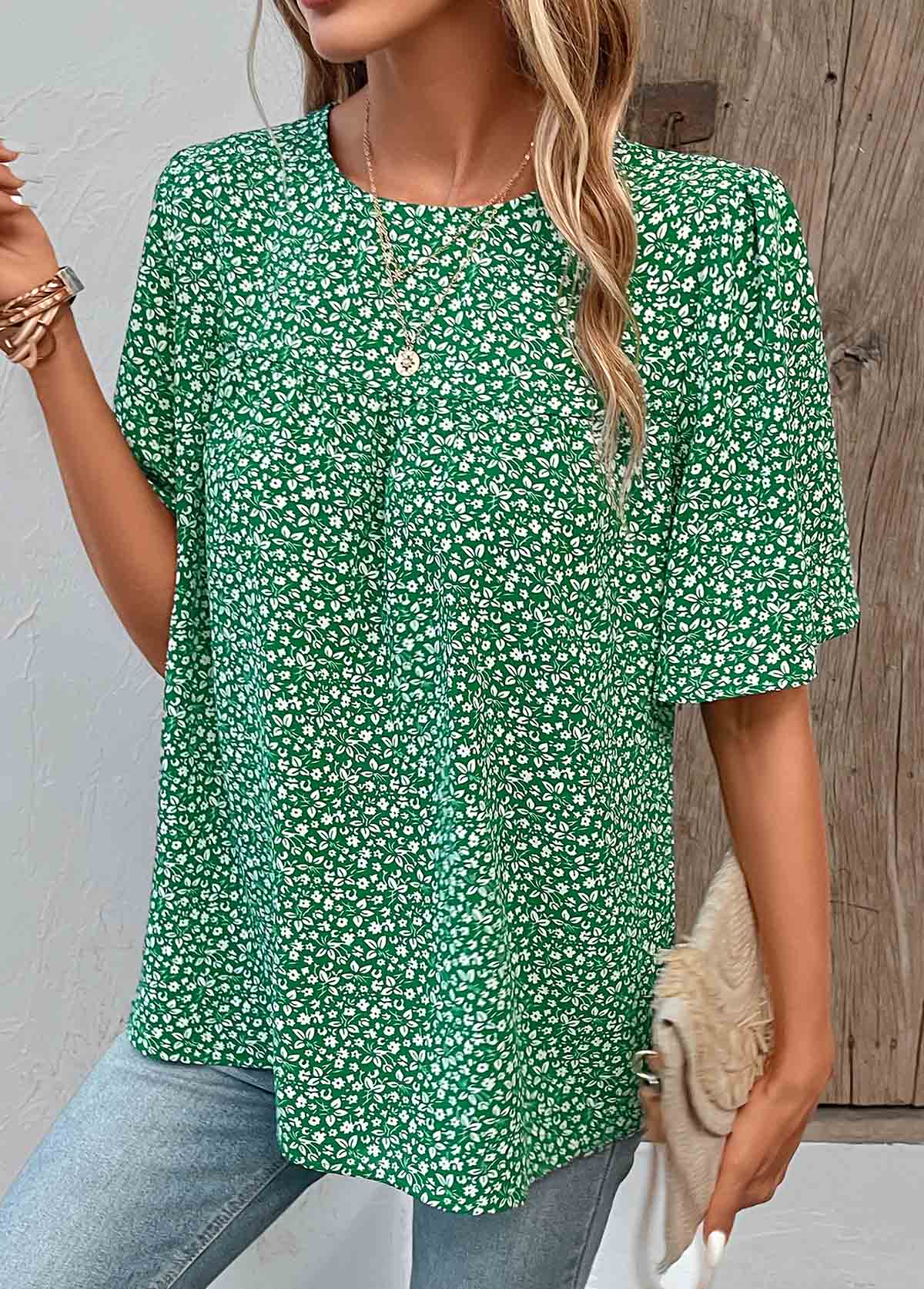 Ditsy Floral Print Button Green Round Neck Blouse