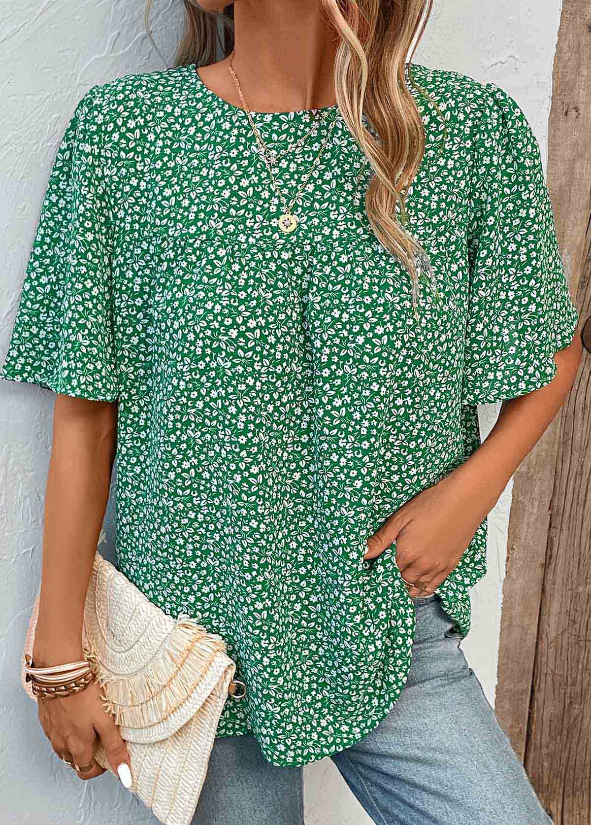 Ditsy Floral Print Button Green Round Neck Blouse