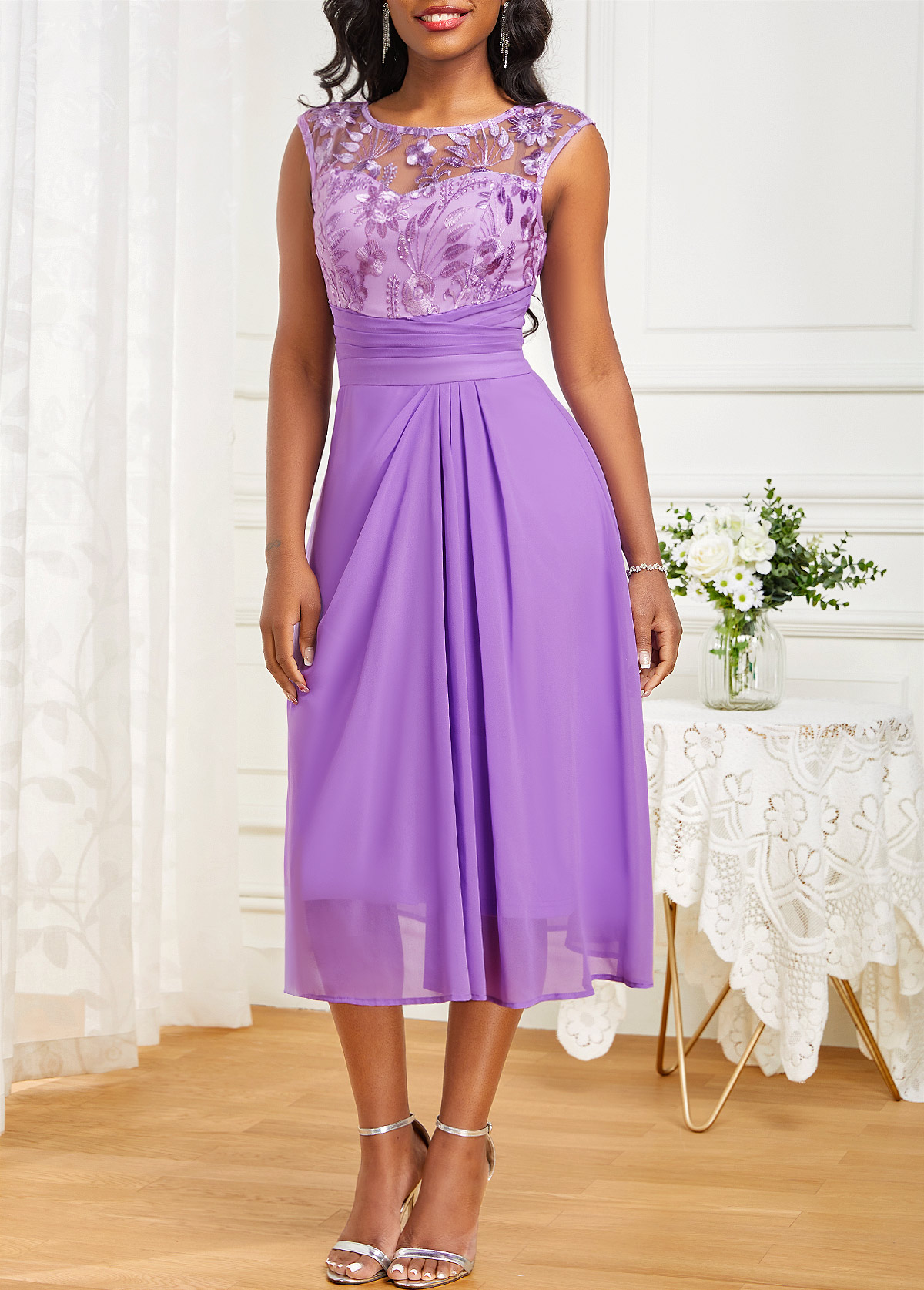 Lace Round Neck Sleeveless Neon Violet Dress