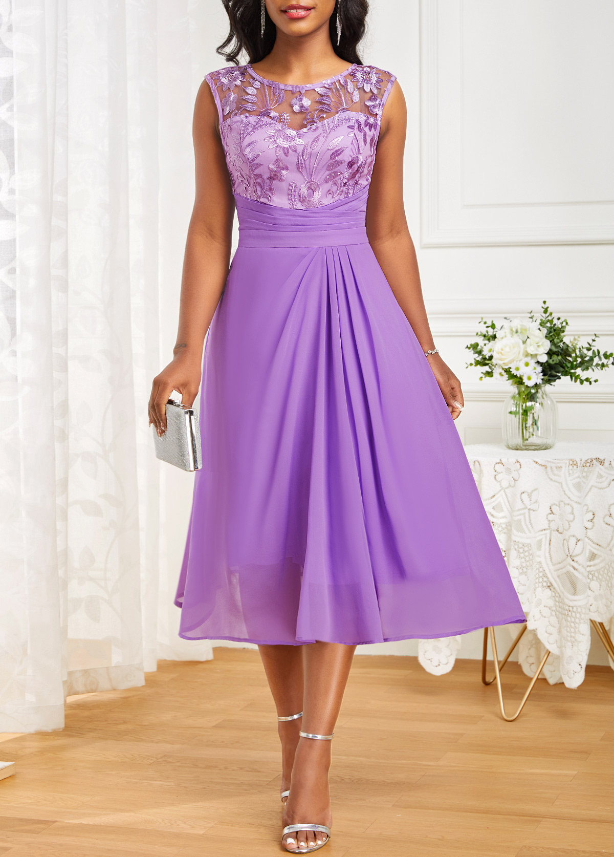 Lace Round Neck Sleeveless Neon Violet Dress