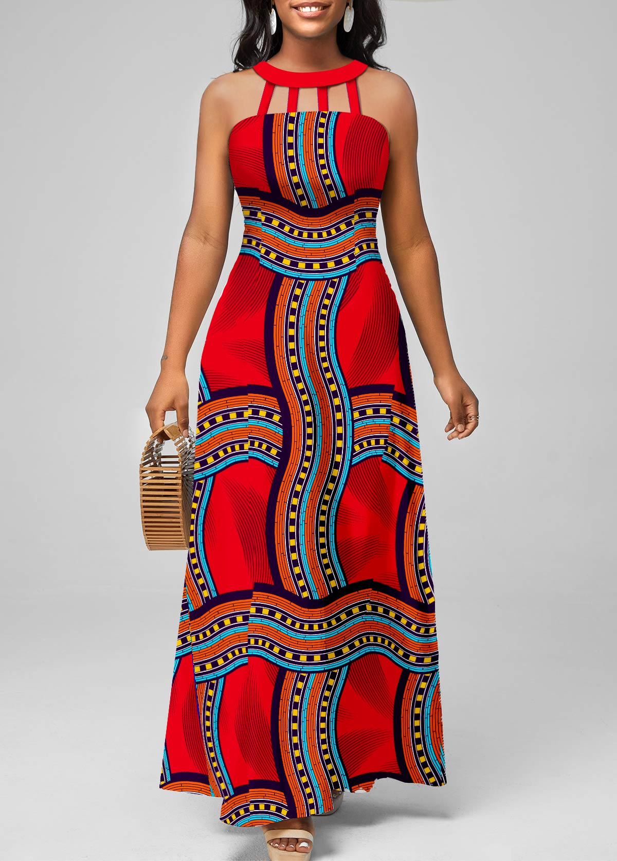 Tribal Print Cage Neck Red Sleeveless Maxi Dress
