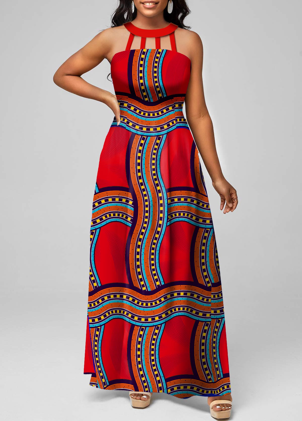 Tribal Print Cage Neck Red Sleeveless Maxi Dress