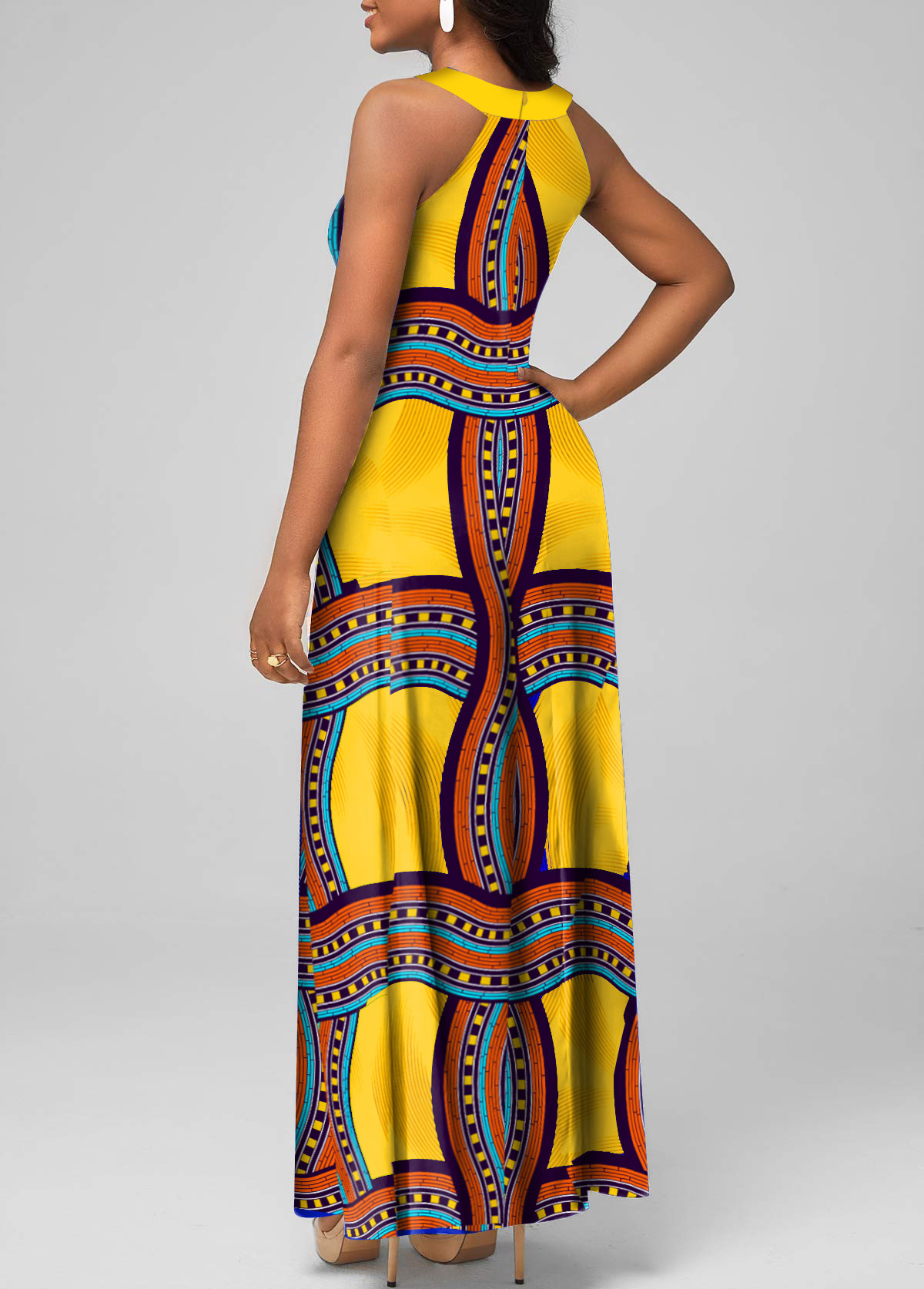 Tribal Print Cage Neck Yellow Sleeveless Maxi Dress
