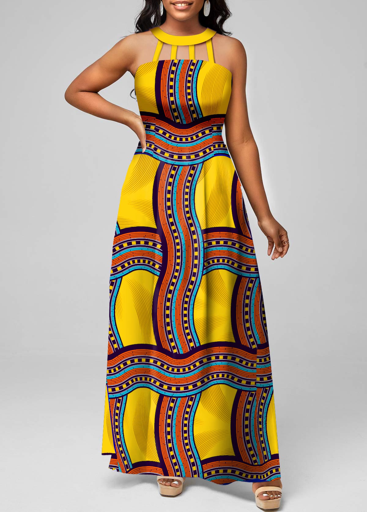 Tribal Print Cage Neck Yellow Sleeveless Maxi Dress