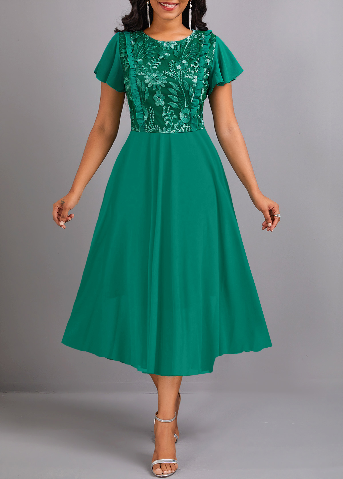 Lace Frill Green Round Neck Short Sleeve Dress | Rosewe.com - USD $42.98