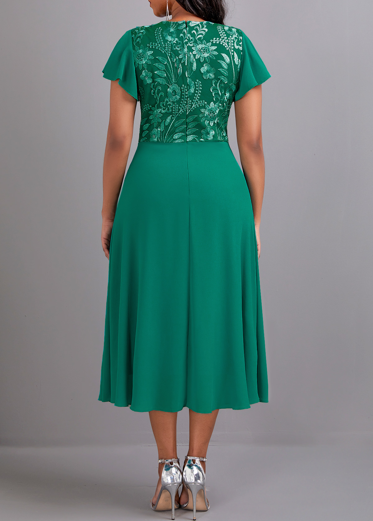 Lace Frill Green Round Neck Short Sleeve Dress