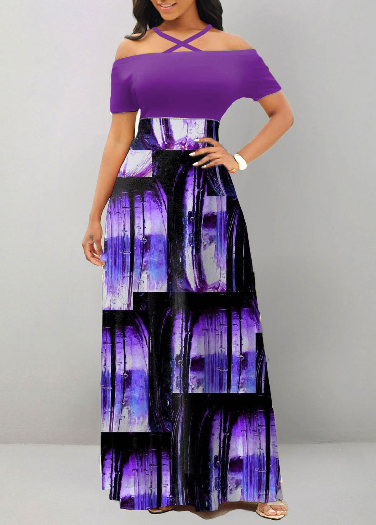 Ombre Criss Cross Purple Off Shoulder Maxi Dress