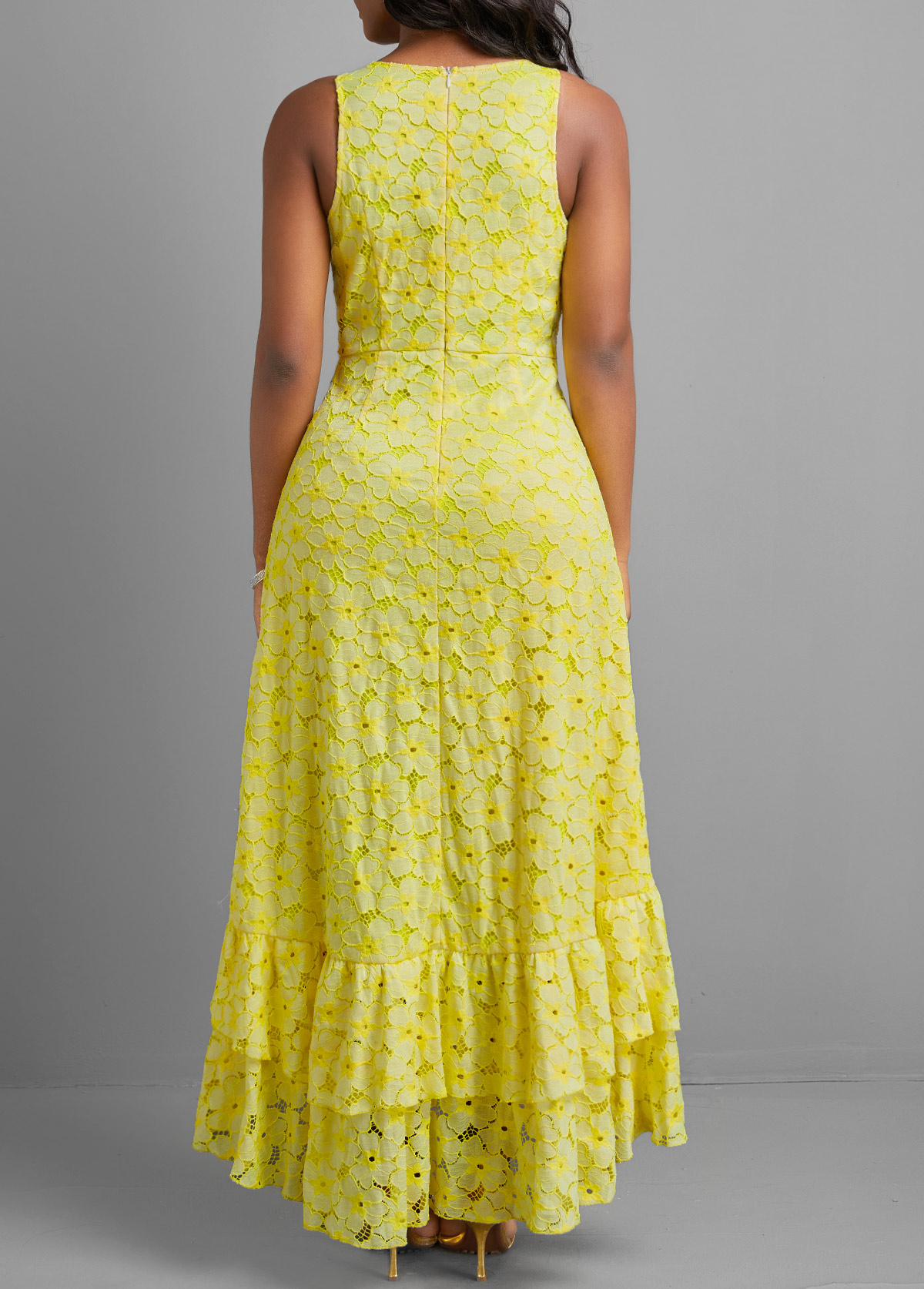 Ruffle Asymmetry Light Yellow A Line Maxi Dress