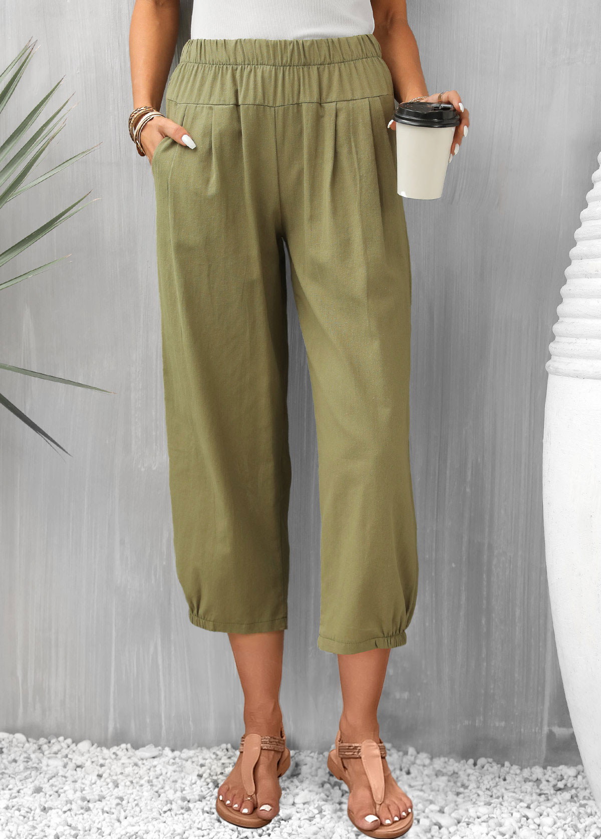 Regular Pocket Olive Green Elastic Waist Pants