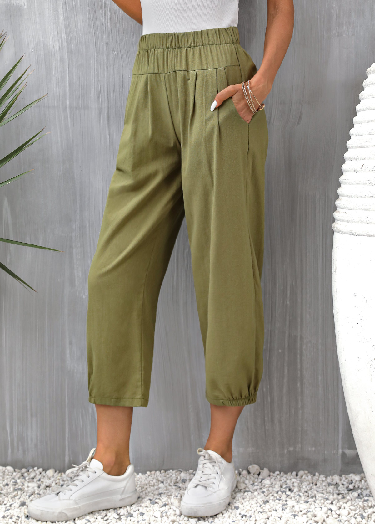 Regular Pocket Olive Green Elastic Waist Pants