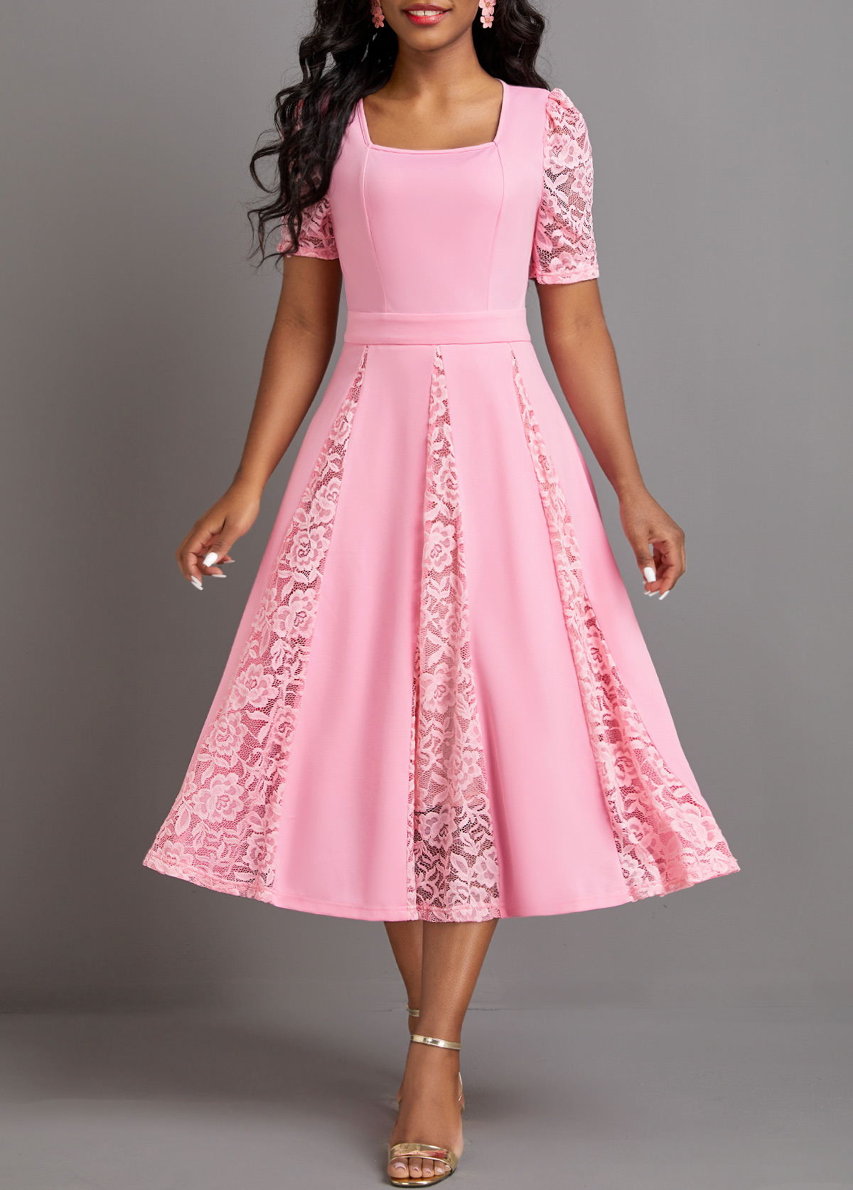 Square Neck Patchwork Pink Half Sleeve Dress