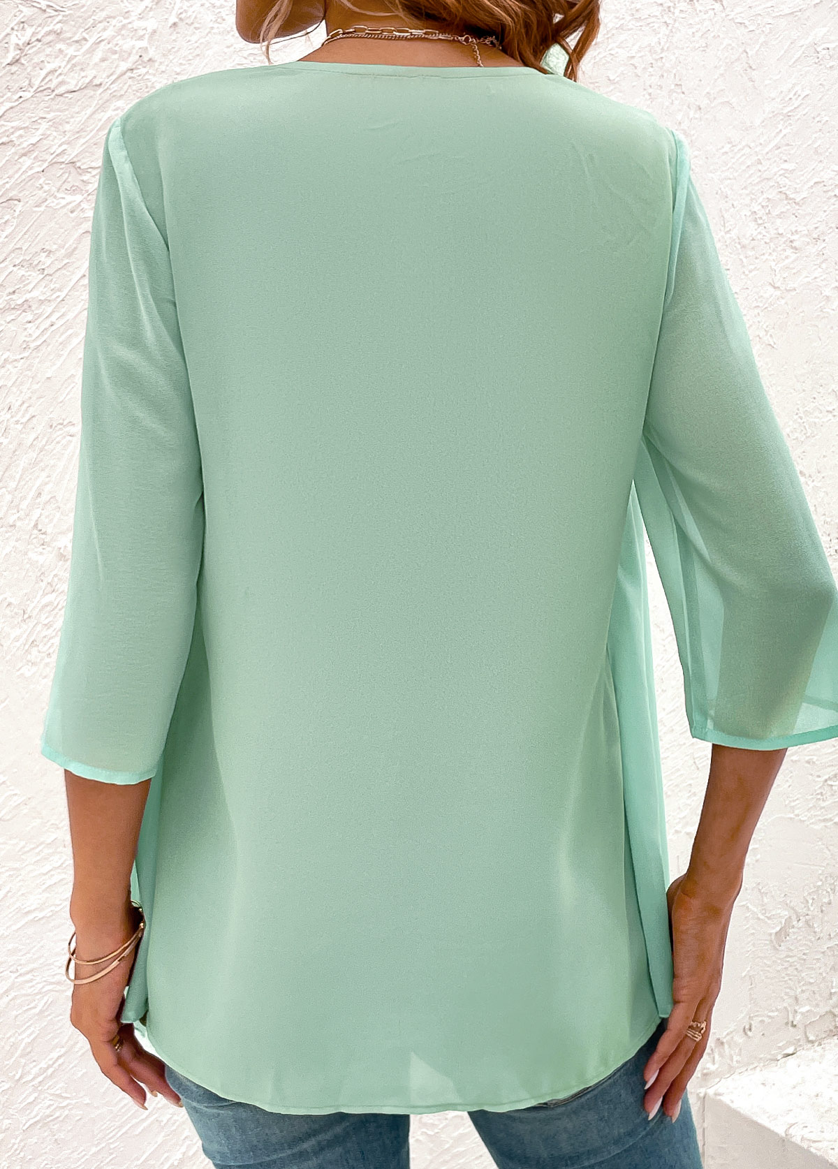 Fake 2in1 Round Neck Mint Green Blouse