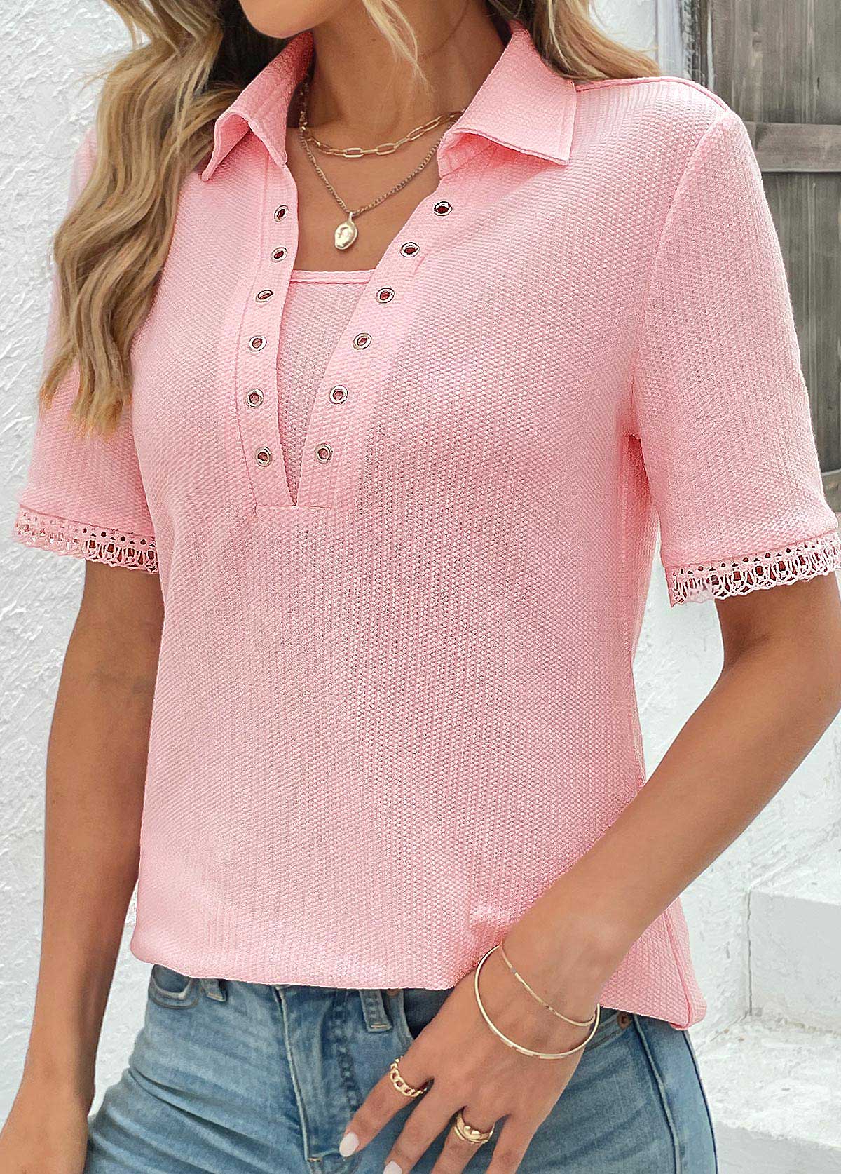 Eyelet Short Sleeve Pink T Shirt