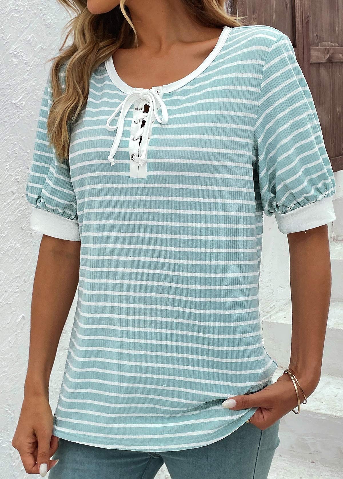 Lace Up Round Neck Mint Green T Shirt