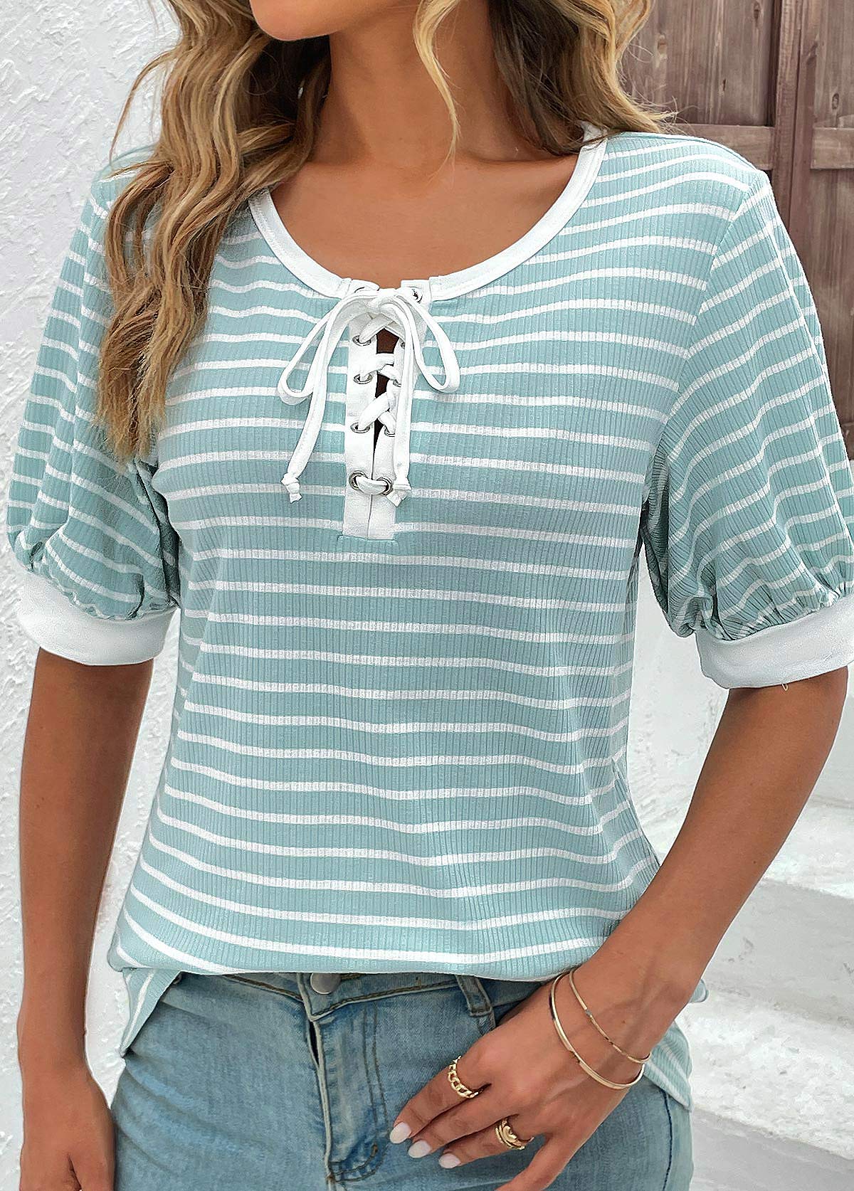 Lace Up Round Neck Mint Green T Shirt