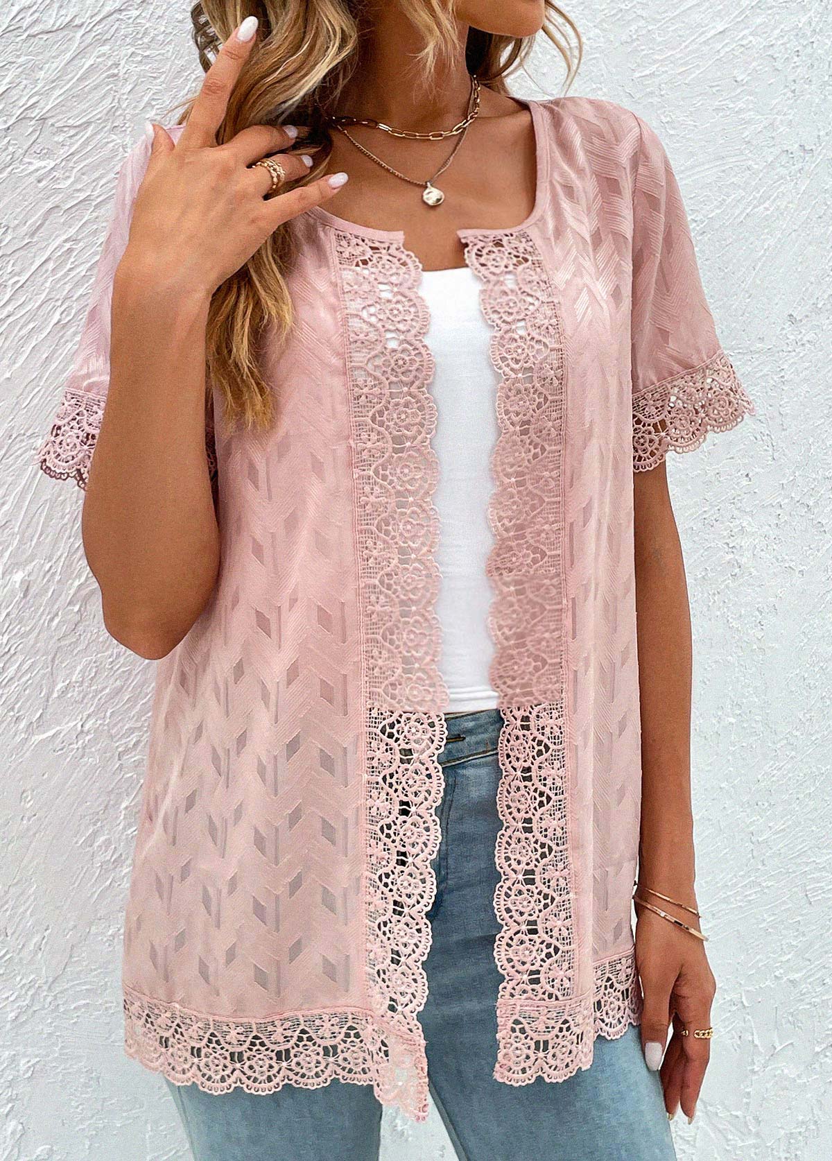 Lace Round Neck Short Sleeve Pink Topper