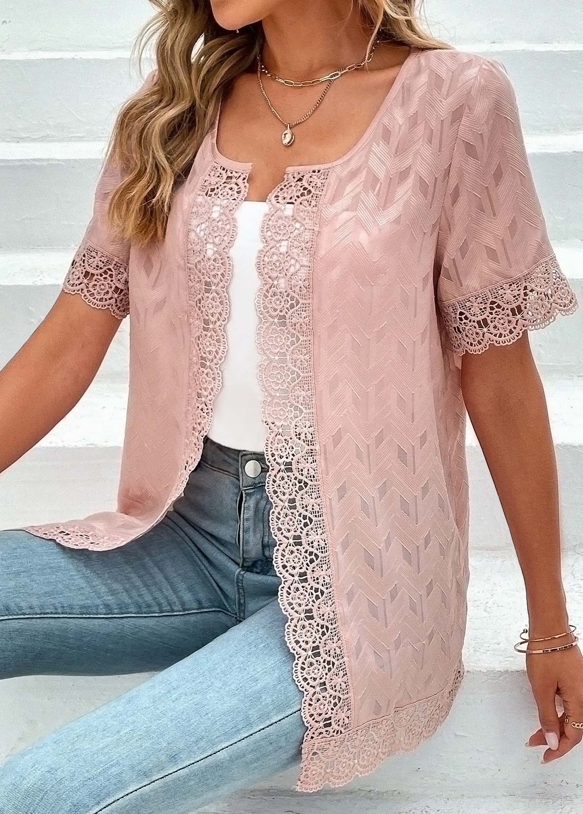 Lace Round Neck Short Sleeve Pink Topper