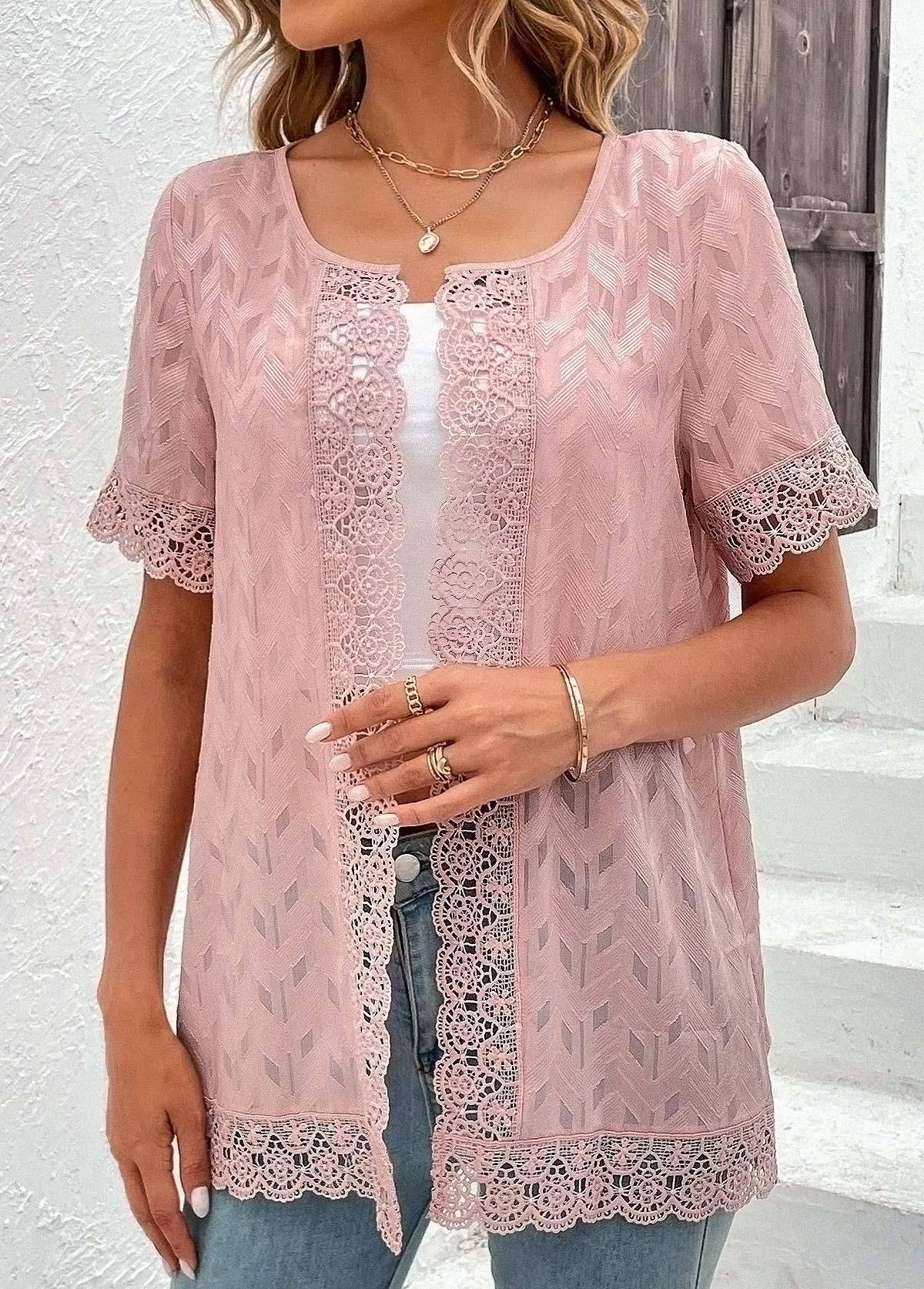 Lace Round Neck Short Sleeve Pink Topper