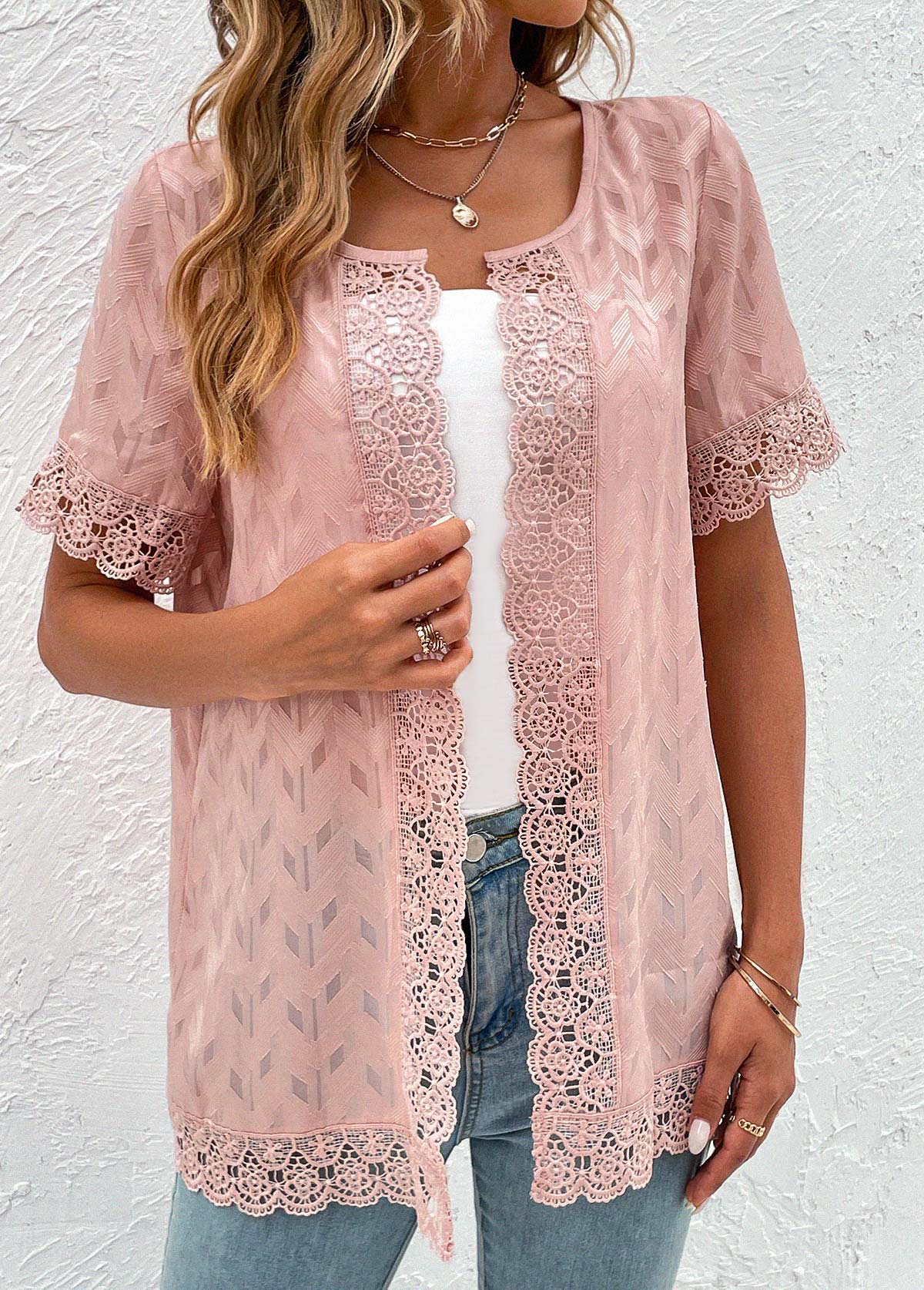 Lace Round Neck Short Sleeve Pink Topper