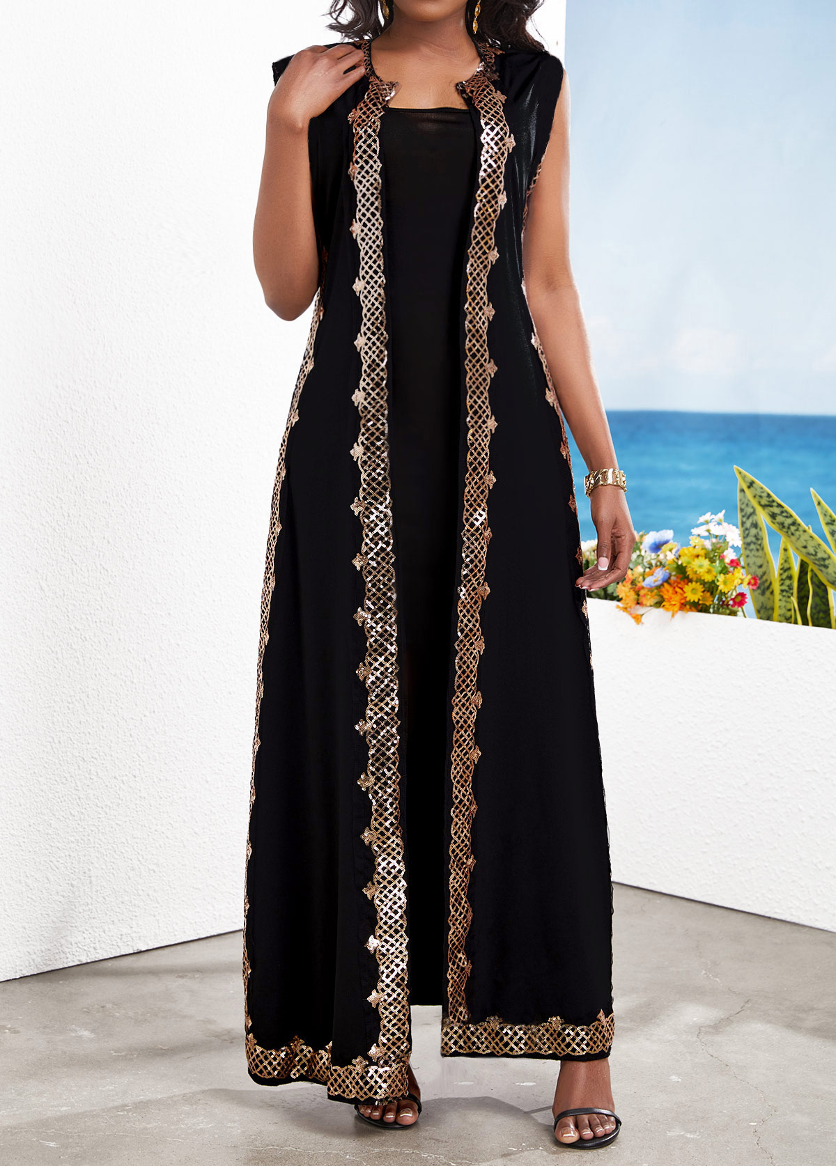 Sequin Two Piece Suit Black Maxi Dress and Cardigan