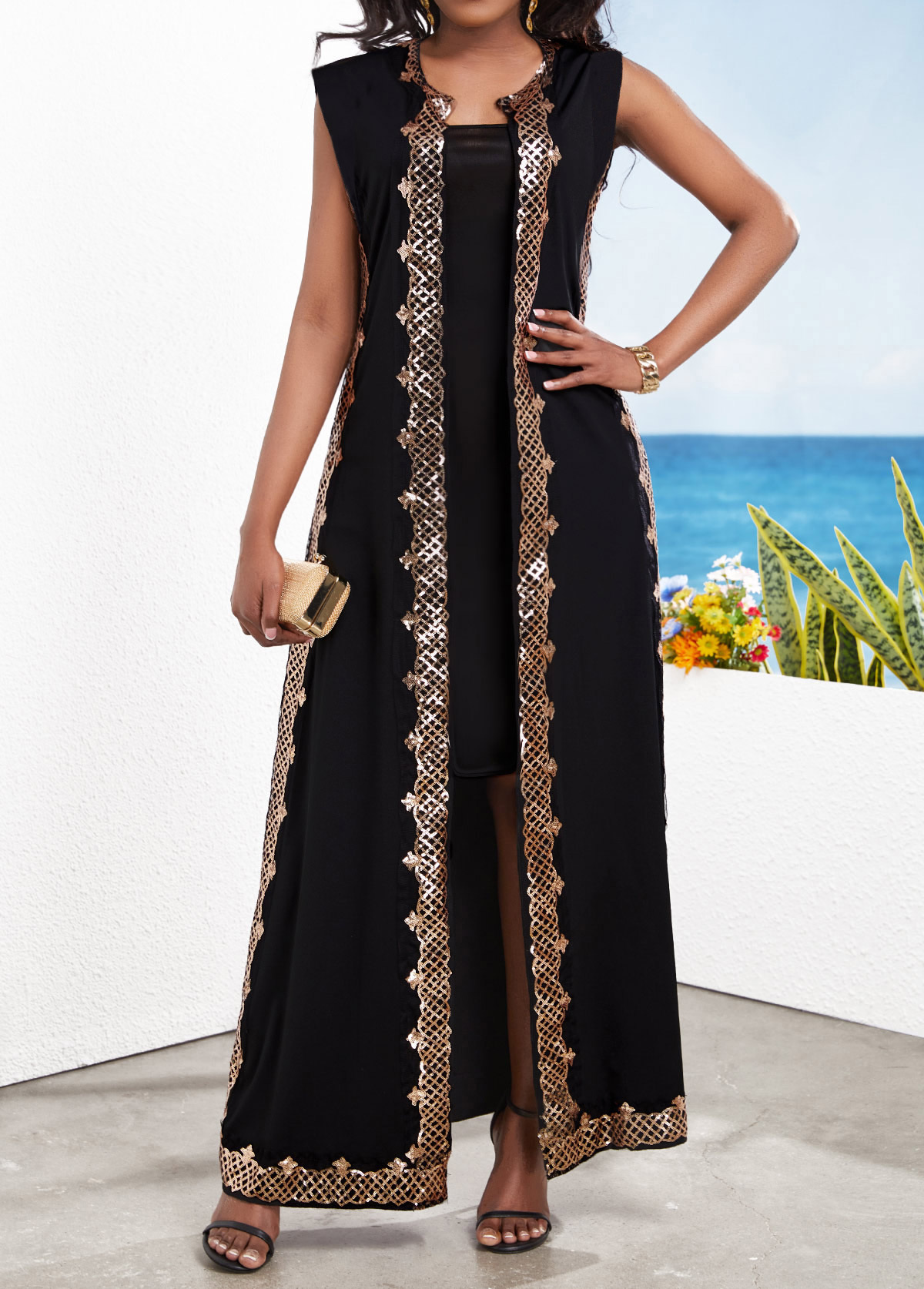 Sequin Two Piece Suit Black Maxi Dress and Cardigan