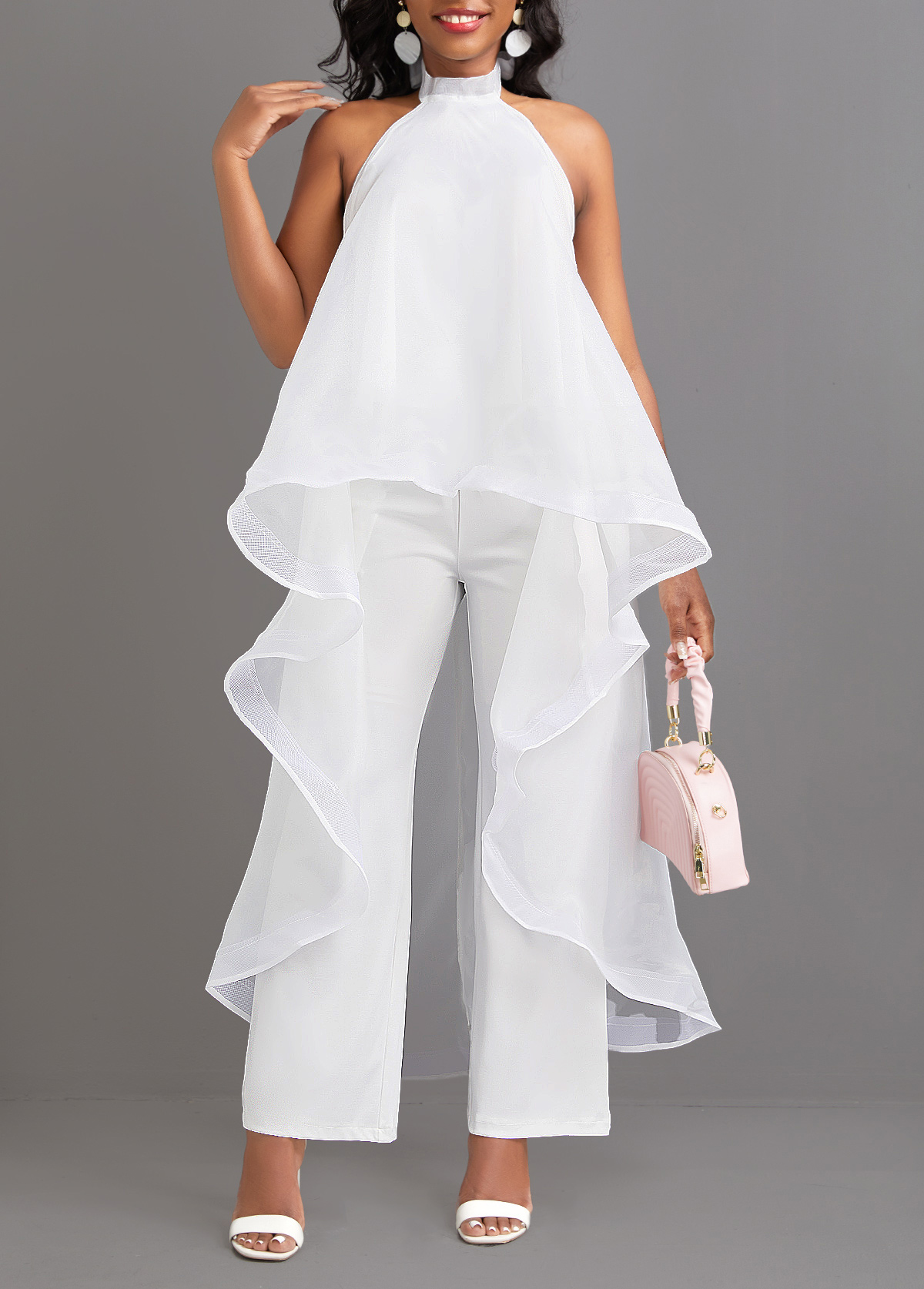 Tie Ankle Length Lace Up Collar White Top and Pants