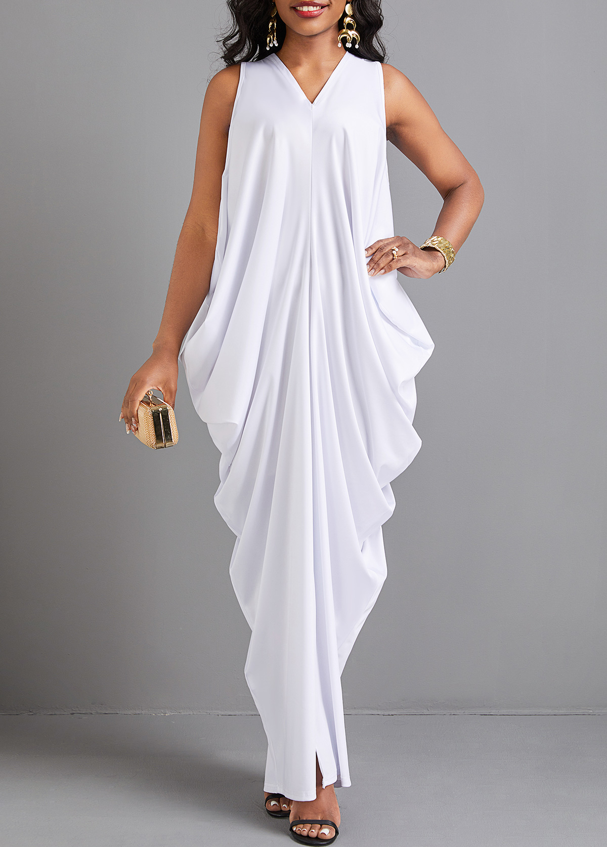 White O Shape V Neck Split Maxi Dress