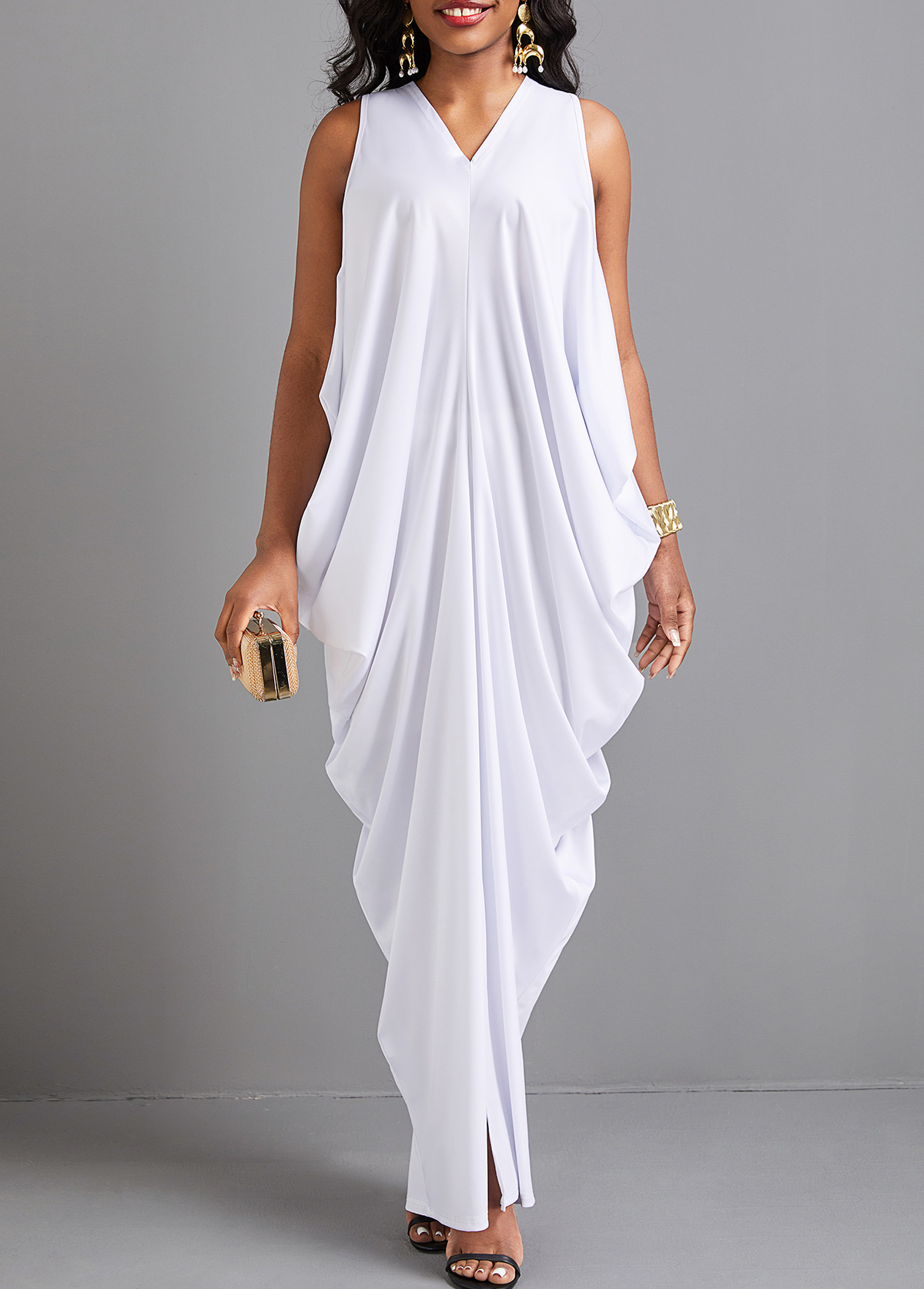 White O Shape V Neck Split Maxi Dress