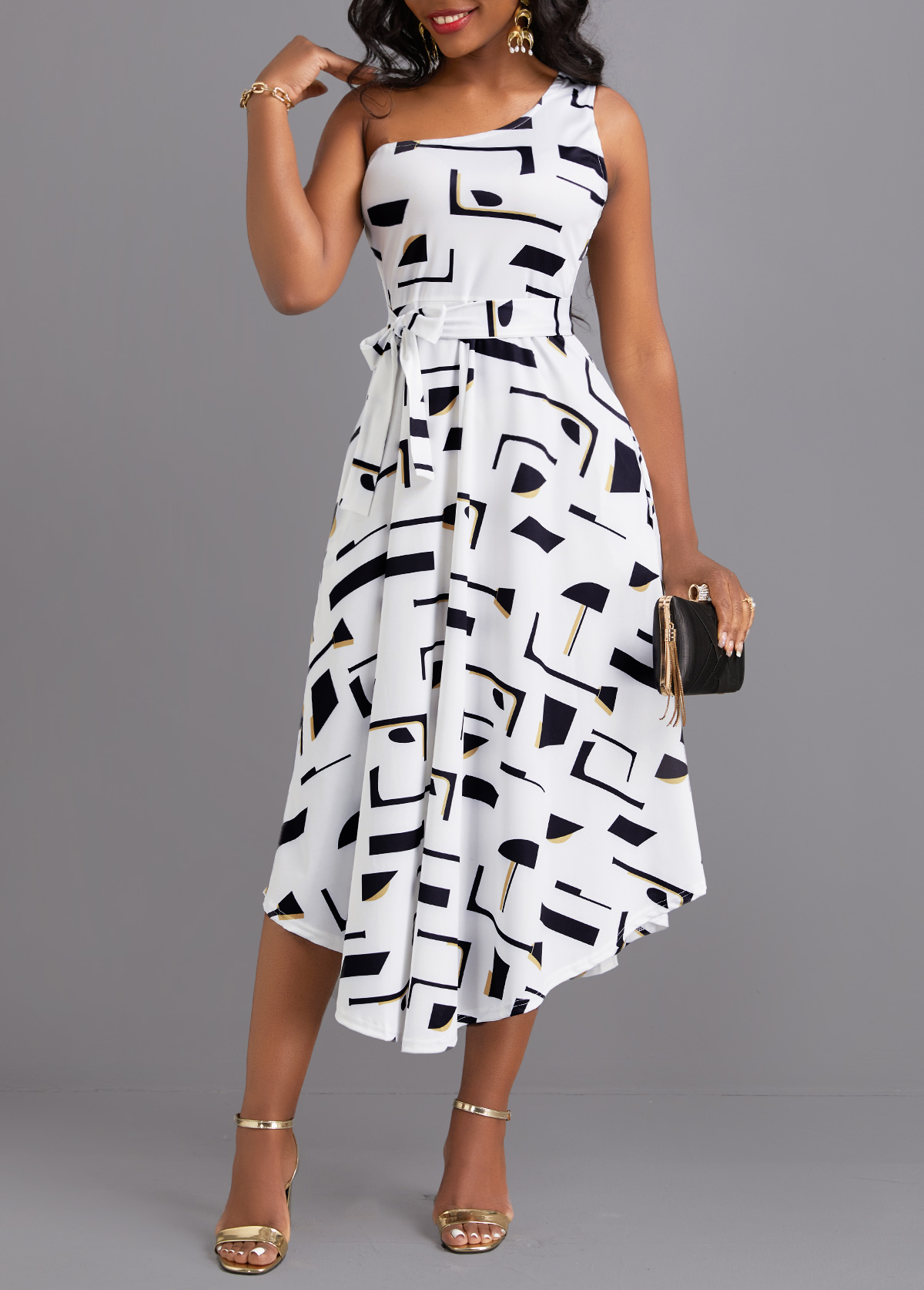 Geometric Print Belted Waist Dress
