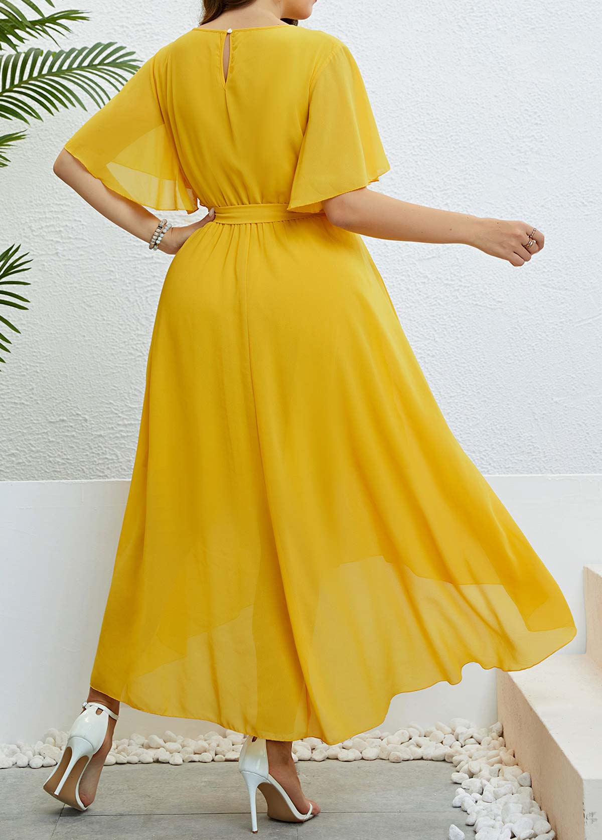 Yellow Plus Size Button Belted High Low Dress