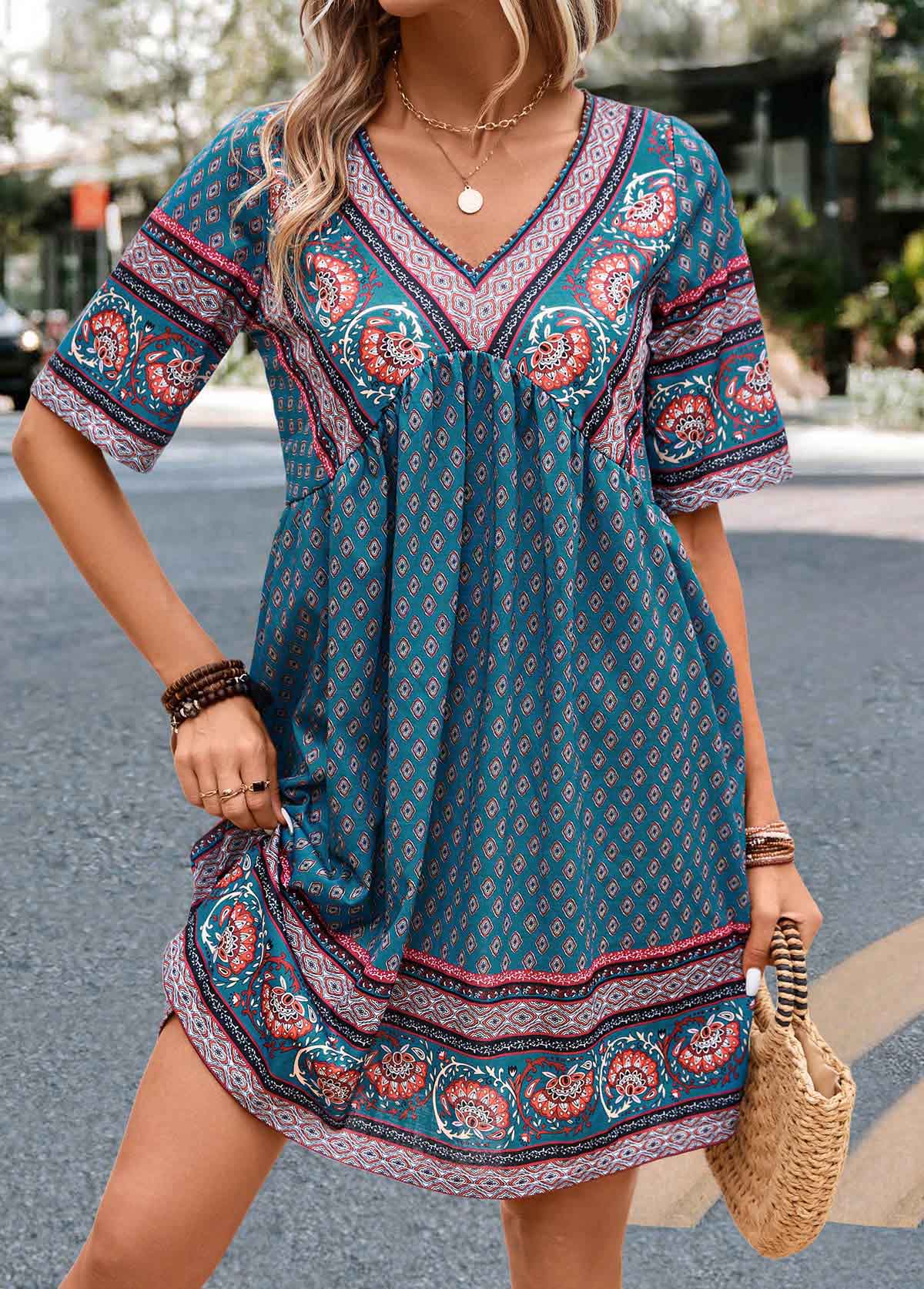Paisley Print Ruched Turquoise A Line Dress | Rosewe.com - USD $25.98