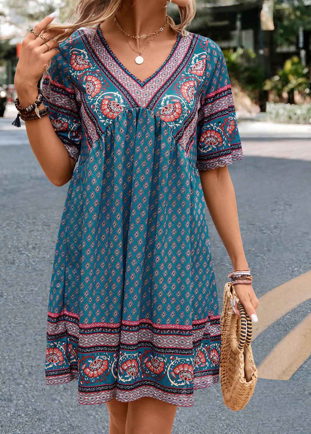 Paisley Print Ruched Turquoise A Line Dress