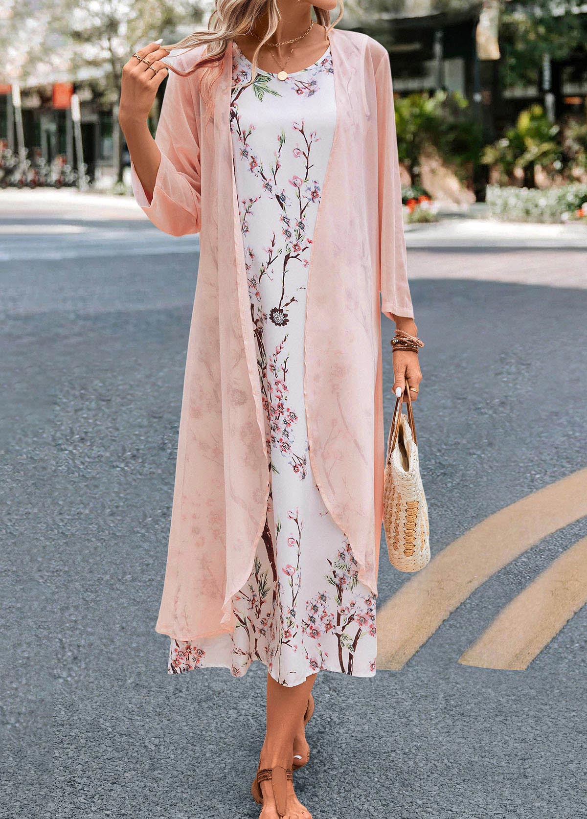 Floral Print Two Piece Pink Maxi Dress and Cardigan