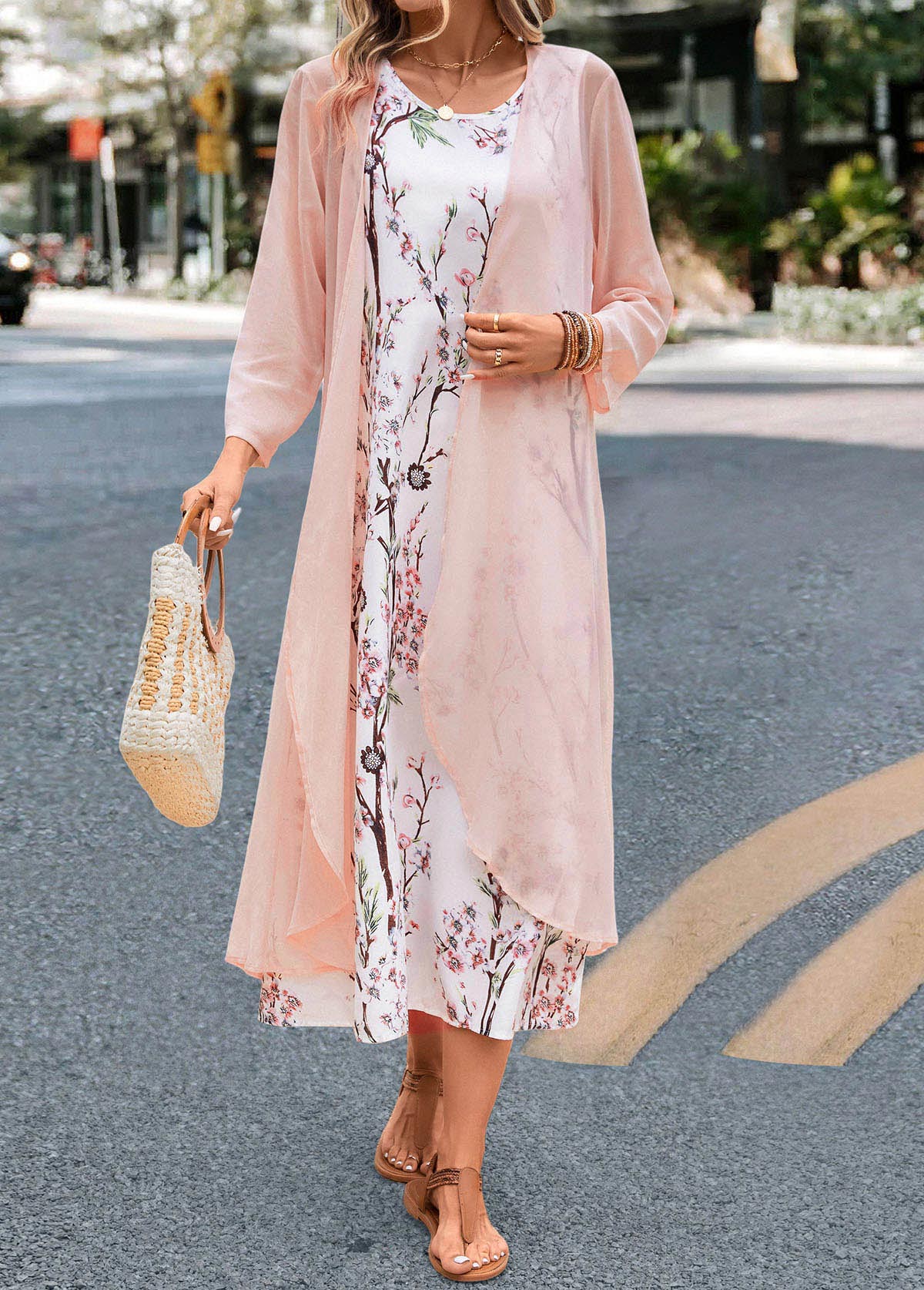 Floral Print Two Piece Pink Maxi Dress and Cardigan