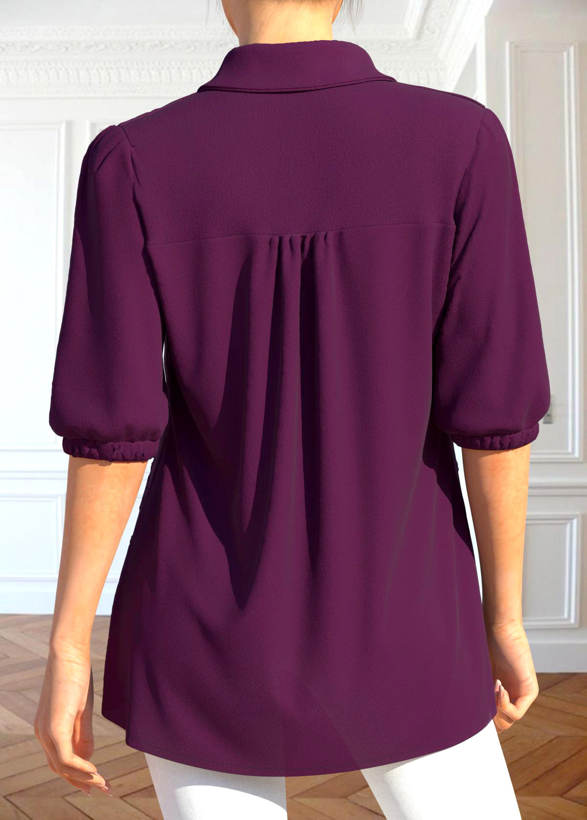 Dark Reddish Purple Shirt Collar Patchwork Blouse