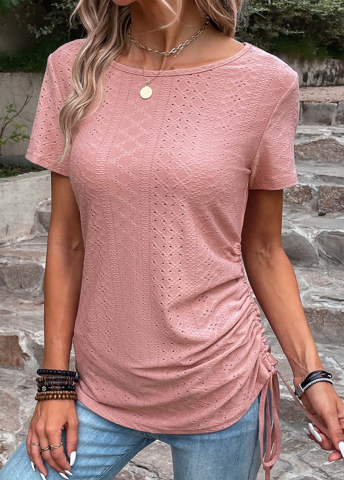 Short Sleeve Drawstring Pink Round Neck T Shirt