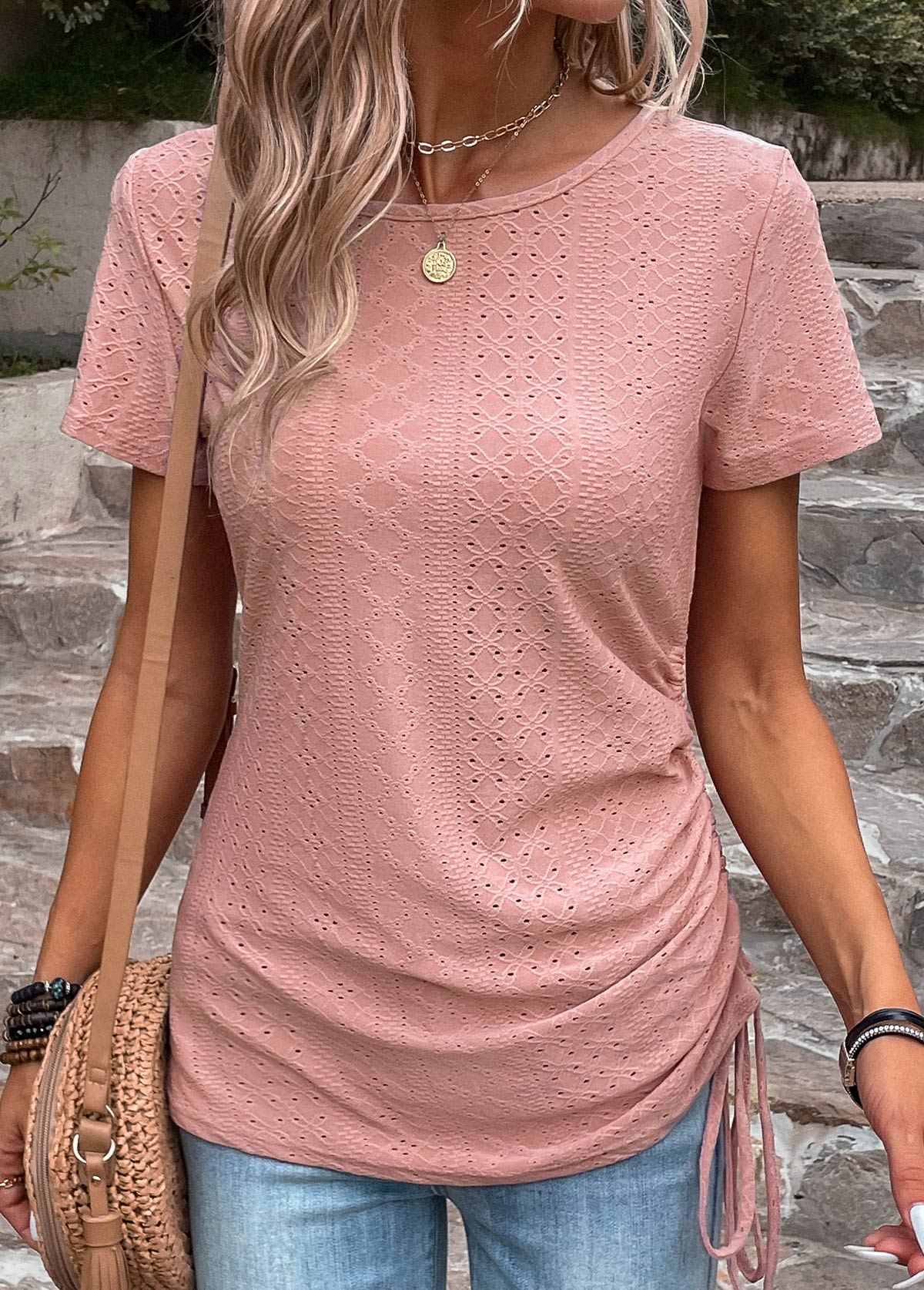 Short Sleeve Drawstring Pink Round Neck T Shirt