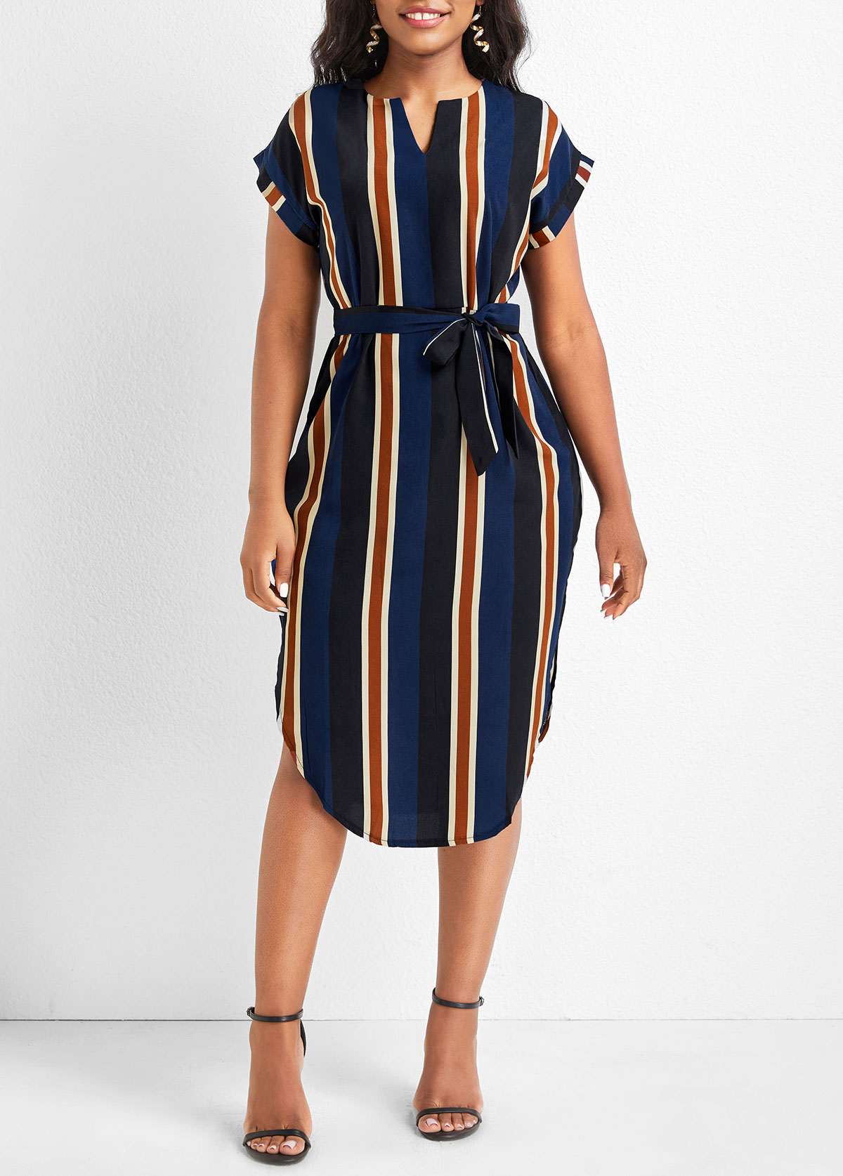 Striped Split Belted Multi Color Dress