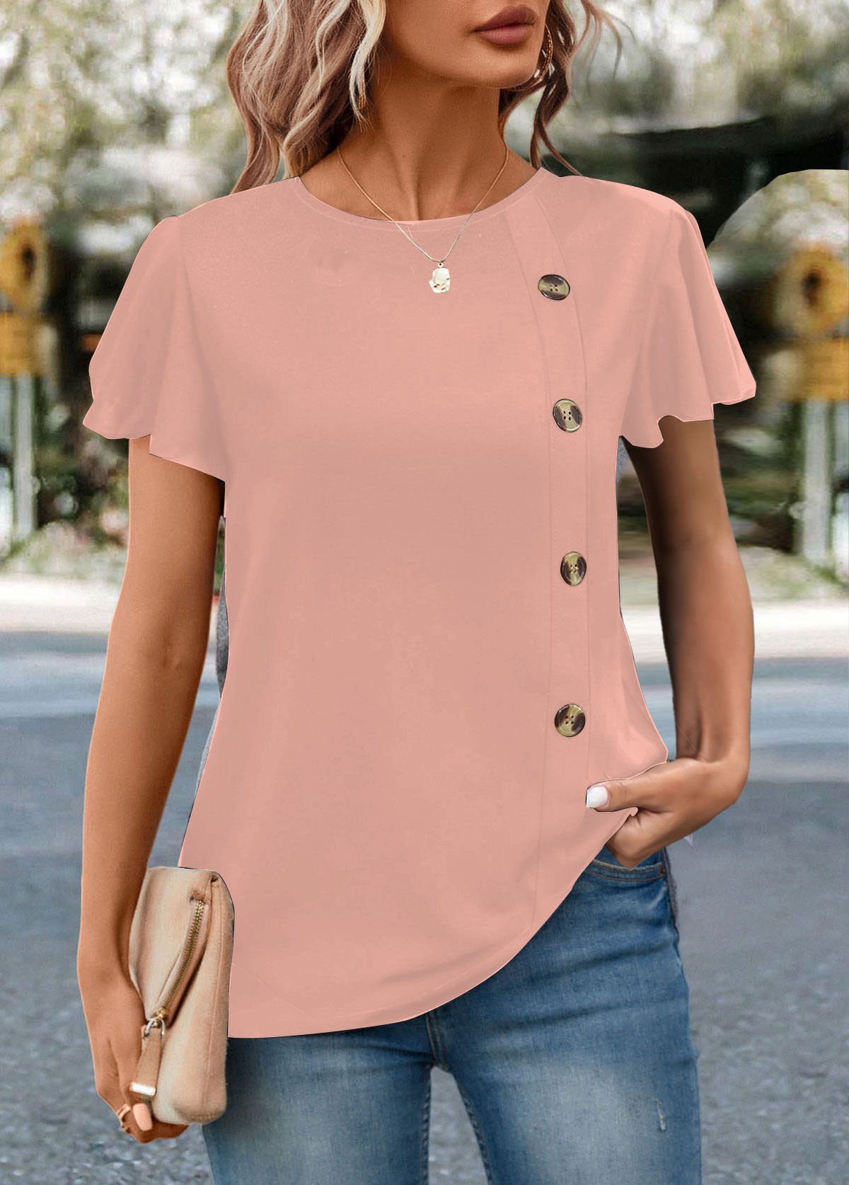 Pink Round Neck Short Sleeve Button T Shirt