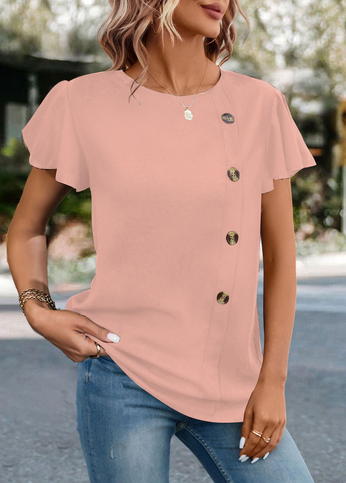 Pink Round Neck Short Sleeve Button T Shirt
