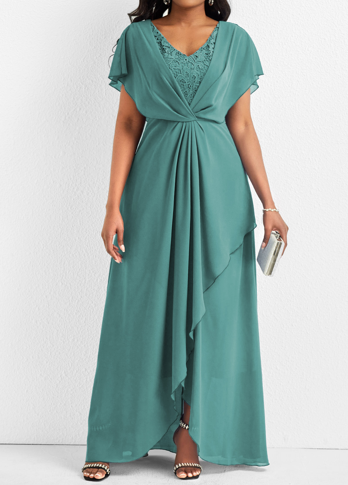 Mint Green V Neck Lace Maxi Dress