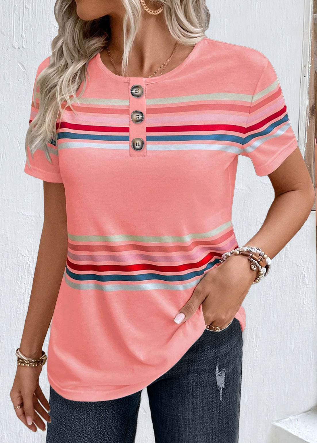 Pink Round Neck Short Sleeve Striped T Shirt