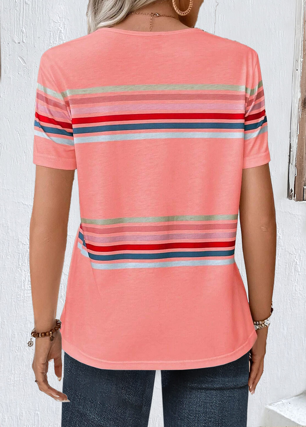 Pink Round Neck Short Sleeve Striped T Shirt