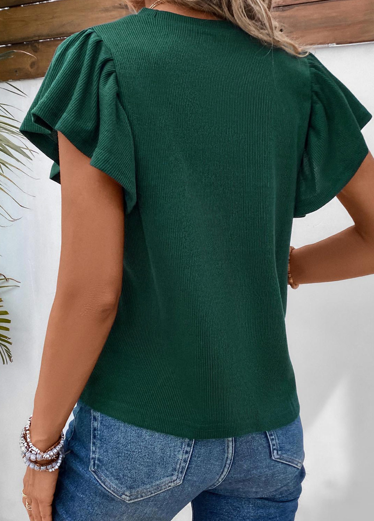 Ruffle Round Neck Short Sleeve Green T Shirt