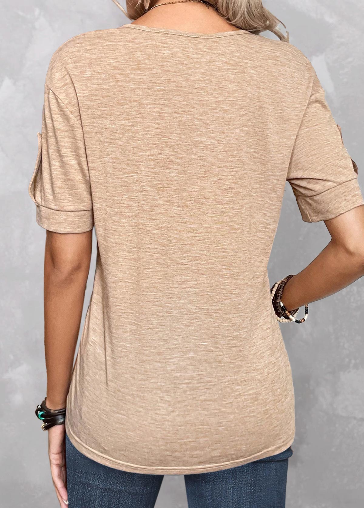 Split Neck Button Light Camel T Shirt