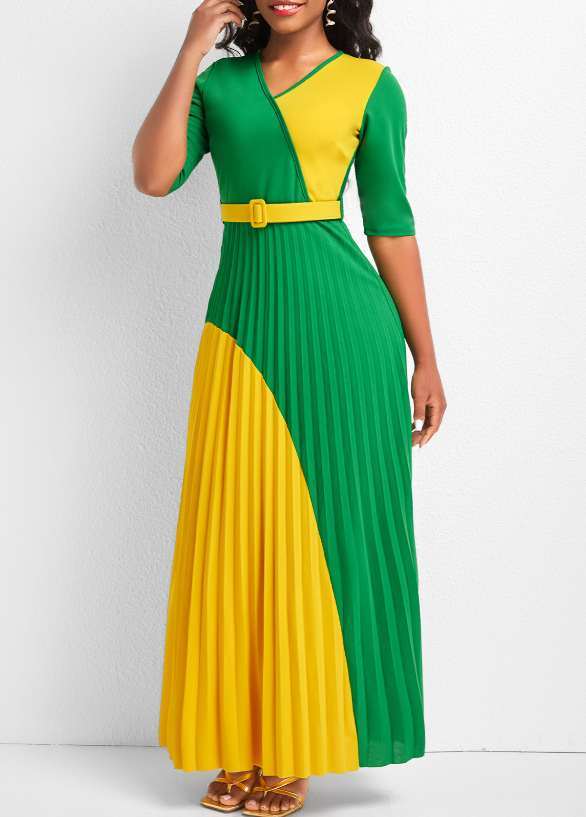 V Neck Pleated Belted Green Maxi Dress