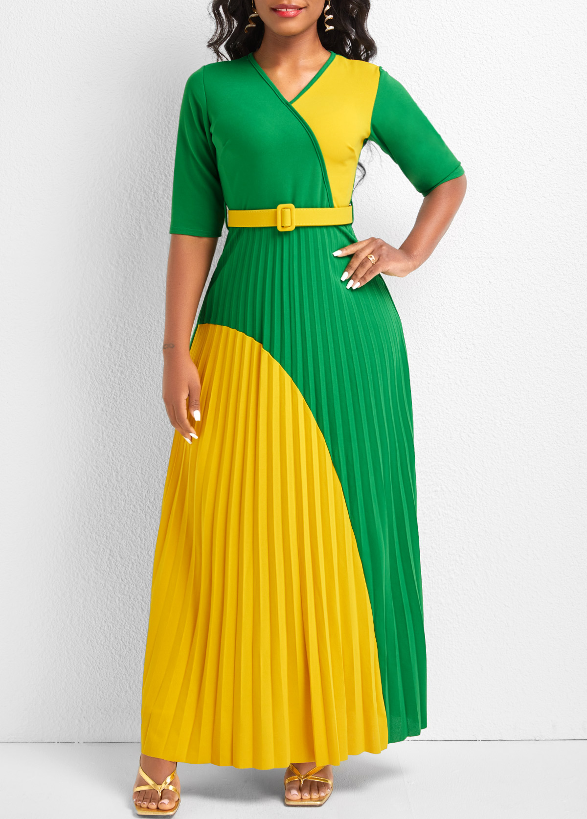 V Neck Pleated Belted Green Maxi Dress