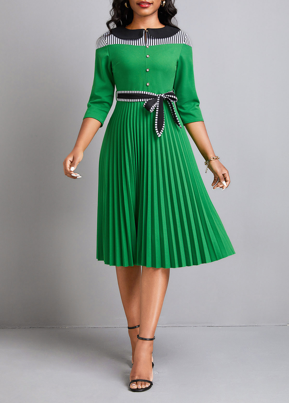 Striped Pleated Belted Green Peter Pan Collar Dress