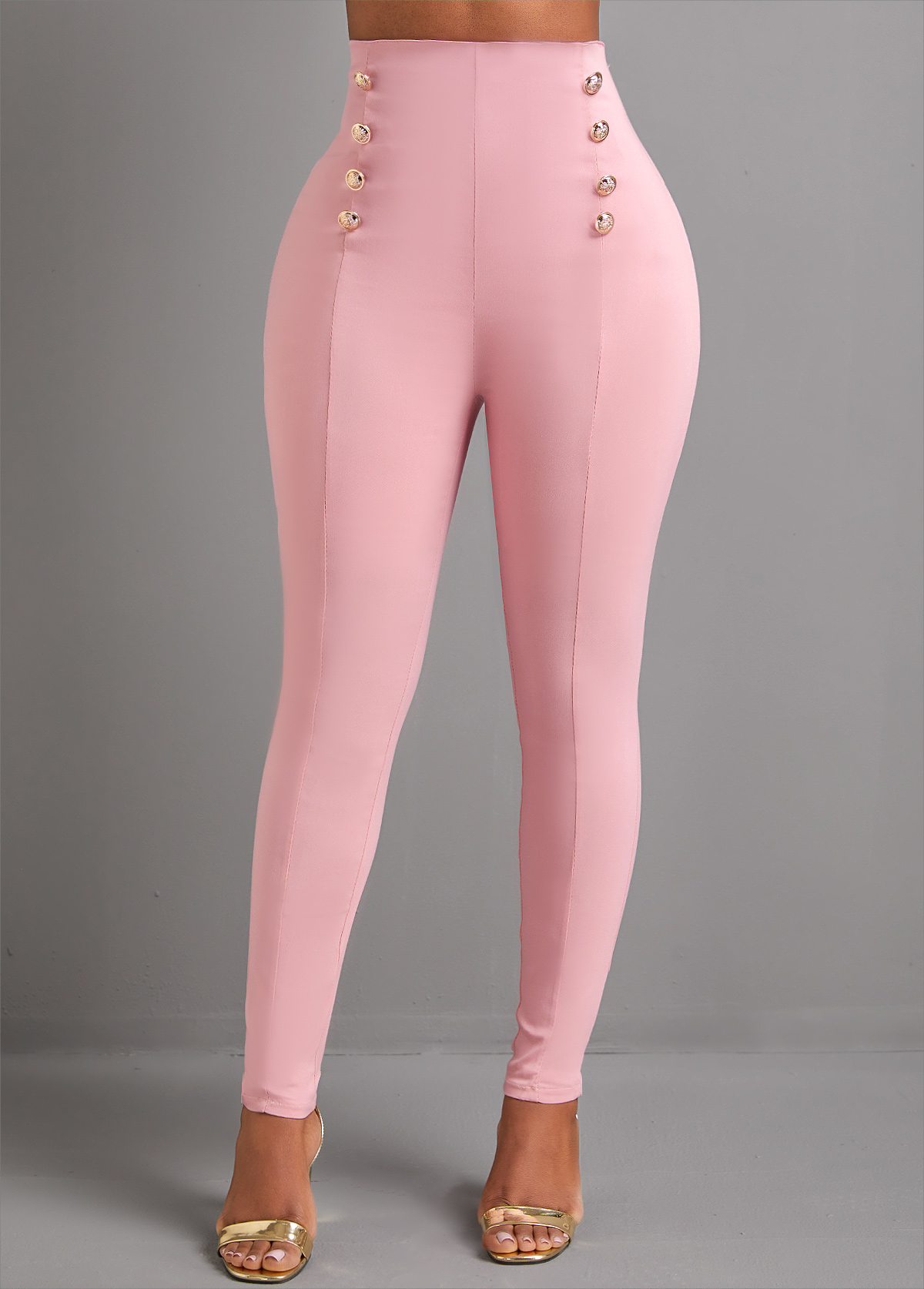 Skinny Button Pink Elastic Waist High Waisted Pants