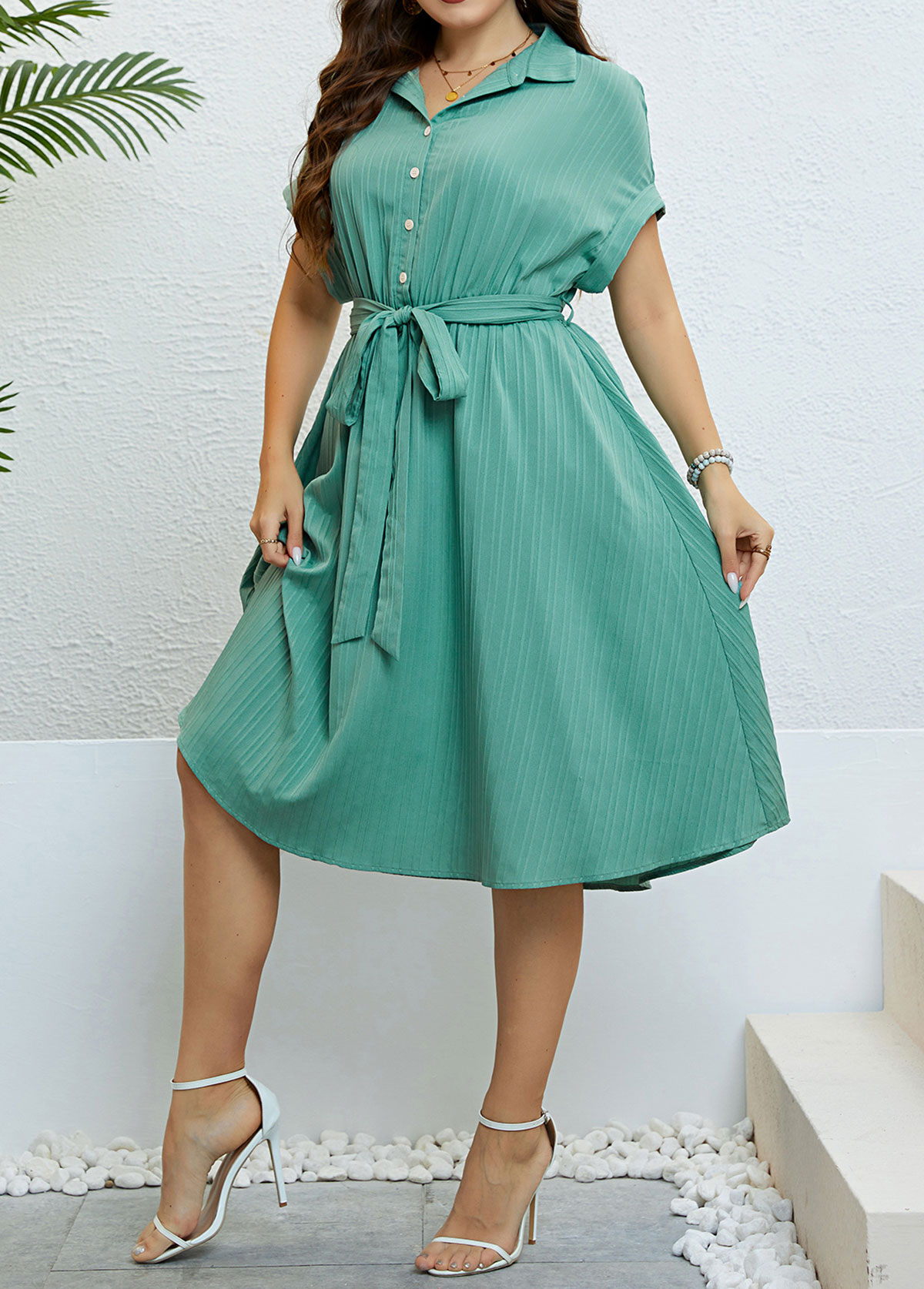 Mint Green Plus Size Button Belted Dress